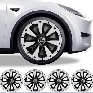 Tesla Model Y Hubcaps – NEW 4pc Set (Black & White Wolf Style)